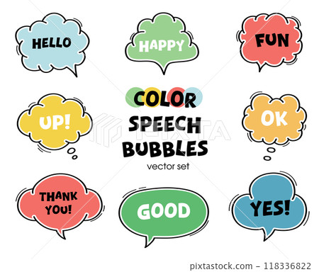 Color hand drawn speech bubble frame set. Cute handwritten frame collection. 118336822