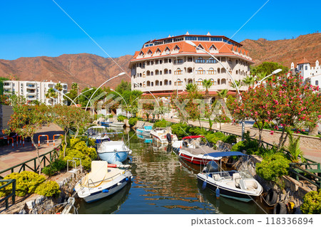 Boats on the river canal in Icmeler, Turkey 118336894