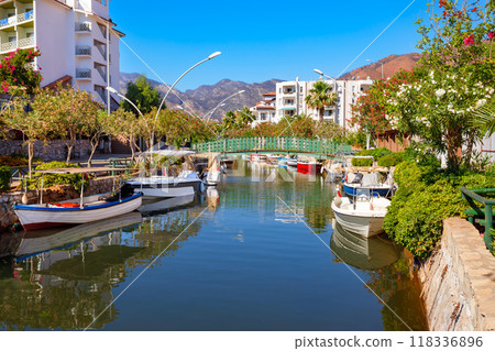 Boats on the river canal in Icmeler, Turkey 118336896