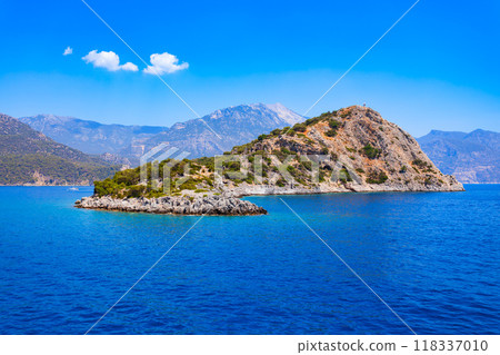 Gemiler or St. Nicholas Island aerial panoramic view in Turkey 118337010