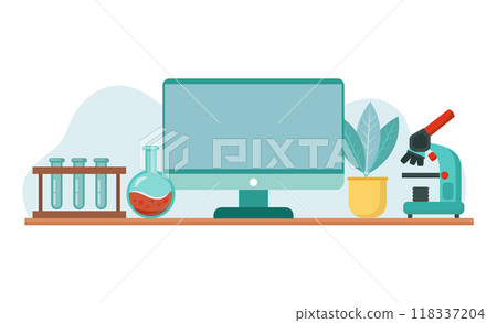 Laboratory equipment - beakers, microscope, flasks. Vector colorful cartoon style illustration on white background. 118337204