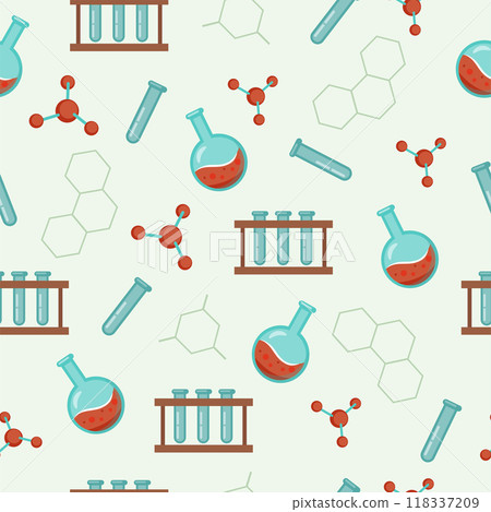Seamless pattern for chemistry laboratory, scientific research. Magnifying glass, molecule, test tube. Vector background. 118337209