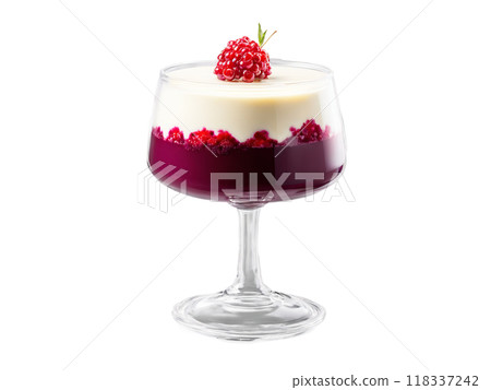 Panna Cotta with Berry Compote vanilla flavored and silky served in a transparent glass dish 118337242