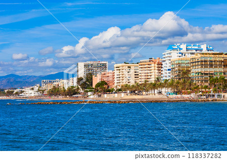 Marbella city beach panoramic view in Spain 118337282