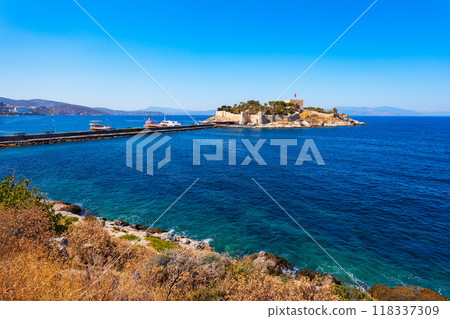 Pigeon Island aerial panoramic view in Kusadasi city, Turkey Pigeon Island aerial panoramic view in Kusadasi city, Turkey 118337309