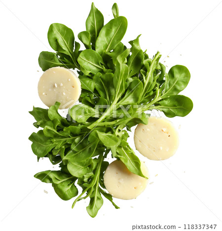 Arugula small tender dark green leaves handful tossed floating parmesan shavings drifting Food and Culinary 118337347