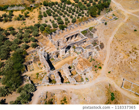 Miletus Archaeological Site aerial panoramic view near Didim city in Turkey 118337365