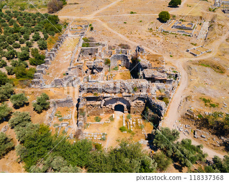Miletus Archaeological Site aerial panoramic view near Didim city in Turkey 118337368