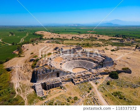 Miletus Archaeological Site aerial panoramic view near Didim city in Turkey 118337372