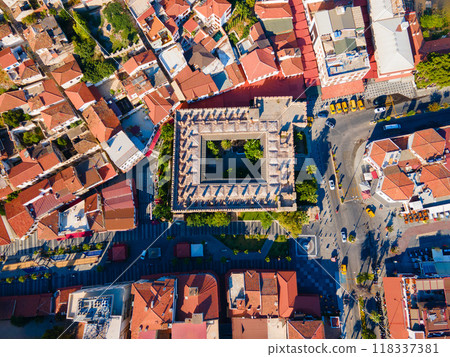 Caravanserai or Kervansaray building aerial panoramic view in Kusadasi city 118337381
