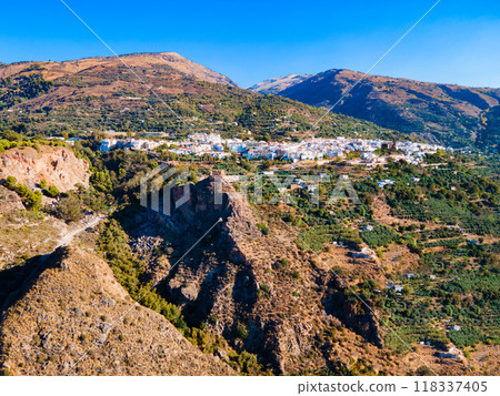 Lanjaron Castle aerial panoramic view in Alpujarras, Spain 118337405