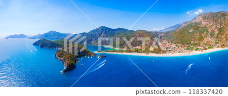 Oludeniz beach aerial panoramic view in Turkey Oludeniz beach aerial panoramic view in Turkey 118337420