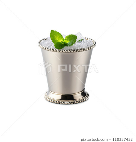 Elegant silver mint julep cup with a beaded rim filled with crushed ice and garnished Elegant silver mint julep cup with a beaded rim filled with crushed ice and garnished 118337432
