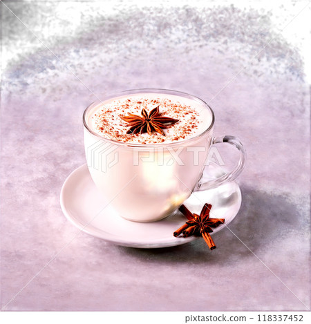 Chai latte with cinnamon stick star anise and frothed milk swirling above Food and culinary 118337452