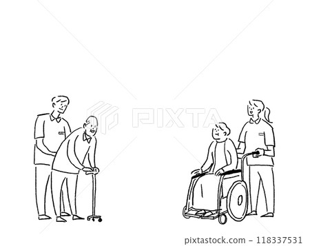Care and welfare jobs (wheelchair, cane, helper, nurse), line drawing 118337531
