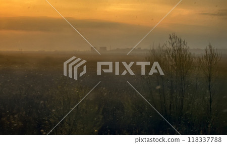 Journey in car in rainy day. Outside window snow 118337788