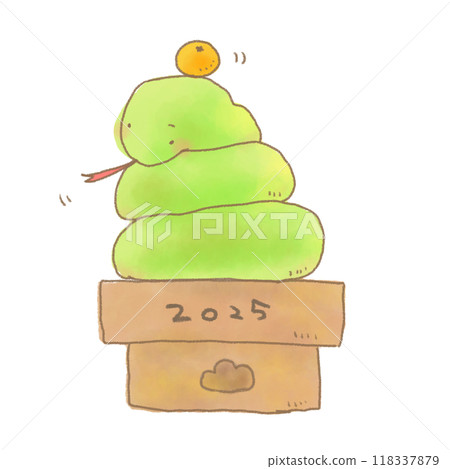 Illustration of a green snake imitating a kagami mochi with a mandarin orange on its head 118337879