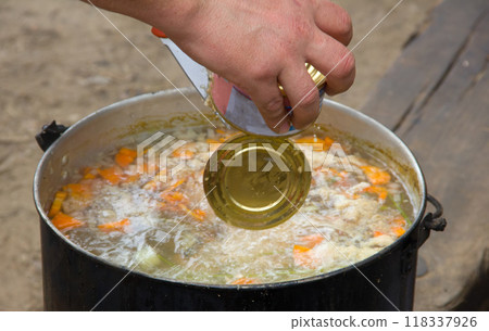 soup on camping fire soup on camping fire 118337926