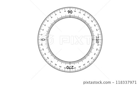 Protractor circle to measure geometrical angles and coordinates. Digital compass 360 degree round scale. Radial radar scanner system, Grids for a ruler in millimeter, centimeter, School tools sign Protractor circle to measure geometrical angles and coordinates. Digital compass 360 degree round scale. Radial radar scanner system, Grids for a ruler in millimeter, centimeter, School tools sign 118337971
