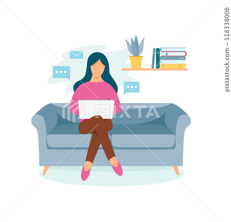 A woman works with a laptop on the sofa at home. Vector illustration in flat style on the theme of freelancing. 118338006