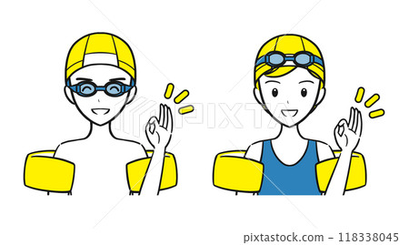 Swimming lessons and lessons: Set of boys and girls wearing swimsuits making OK signs (simple) 118338045