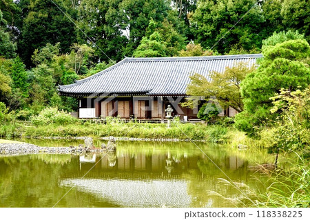 Joruriji Temple: View of the main hall across Takaraike Pond, Kamo-cho, Kizugawa City, Kyoto Prefecture 118338225