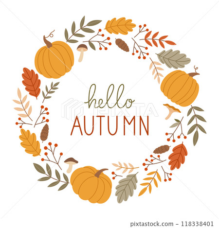 Autumn banner template with lettering and text. Decorative vector frame of cute autumnal elements, pumpkins, mushrooms, leaves, berries, plants. Hello fall concept. 118338401