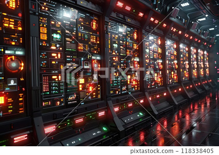 An array of futuristic screens displaying holographic data visualizations. An array of futuristic screens displaying holographic data visualizations. 118338405