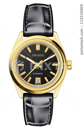 Realistic wristwatch in gold with diamonds around the dial black leather strap, design for men luxury elegant vector illustration. Realistic wristwatch in gold with diamonds around the dial black leather strap, design for men luxury elegant vector illustration. 118338809