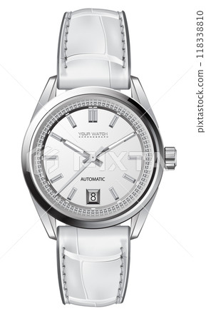 Realistic wristwatch in silver with diamonds around the dial gray arrows white leather strap, design for men luxury elegant vector illustration. 118338810