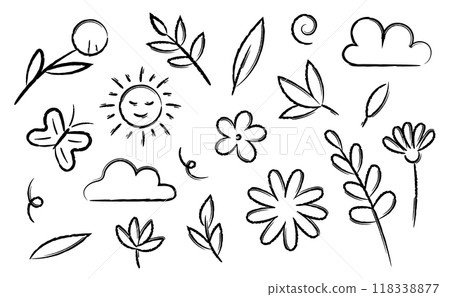 Summer hand drawn black crayon elements set. Leaves, flowers, sun, clouds doodle brush style on white background. Summer hand drawn black crayon elements set. Leaves, flowers, sun, clouds doodle brush style on white background. 118338877