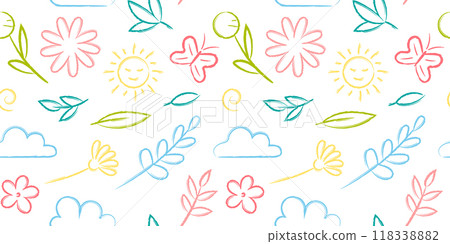 Summer hand drawn colorful crayon seamless pattern. Leaves, flowers, sun, clouds doodle chalk brush on white background. Summer hand drawn colorful crayon seamless pattern. Leaves, flowers, sun, clouds doodle chalk brush on white background. 118338882