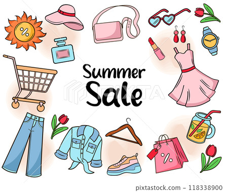 Summer Sale banner template. Vector illustration. Clothes, shoes, accessories. Color illustrations in doodle style. 118338900