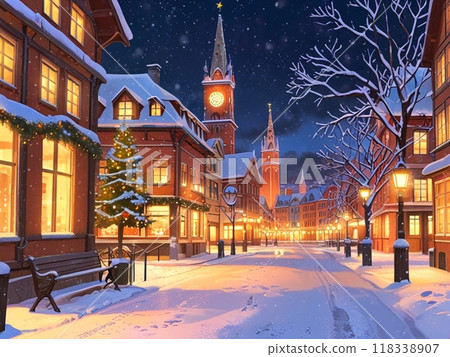 城市景觀在晚上與雪 城市景觀在晚上與雪 118338907