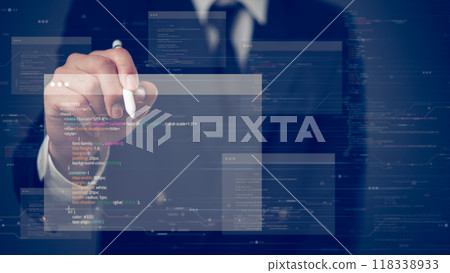 Businessman using a stylus pen to interact with a virtual interface displaying floating computer code and data, emphasizing technology and innovation. Businessman using a stylus pen to interact with a virtual interface displaying floating computer code and data, emphasizing technology and innovation. 118338933