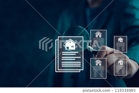 Real estate documents under magnifying glass, signifying property search and analysis. Ideal for realty, investment, housing marketing, business. Digital inspection concept. Real estate documents under magnifying glass, signifying property search and analysis. Ideal for realty, investment, housing marketing, business. Digital inspection concept. 118338965