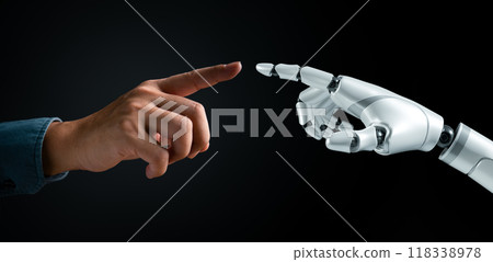 Human and robot hands reaching out to touch. Symbolizes human-AI interaction, futuristic cooperation. Technology and innovation concept. Cybernetic partnership. 118338978