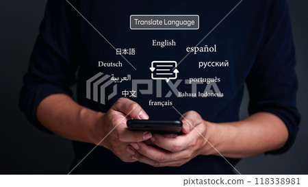 Hands holding smartphone with multilingual text icons. Translation technology concept. App for communication, international interaction. Digital language service. 118338981