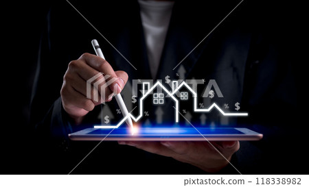 Businessman analyzing real estate market growth on digital tablet. Represents property investment, housing market analysis, financial planning. Ideal for real estate, economic strategy visuals. Businessman analyzing real estate market growth on digital tablet. Represents property investment, housing market analysis, financial planning. Ideal for real estate, economic strategy visuals. 118338982