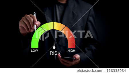 Businessman assessing risk levels with gauge. Visual metaphor for risk management, business strategy, financial analysis. Suitable for corporate presentations, management training materials. Businessman assessing risk levels with gauge. Visual metaphor for risk management, business strategy, financial analysis. Suitable for corporate presentations, management training materials. 118338984