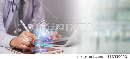 Doctor using a tablet with AI holographic icons, medical technology.digital healthcare innovation and research. Perfect for medical articles, health tech blogs, futuristic healthcare presentations. 118339030