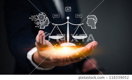 AI justice balance, glowing scales in hand. Symbolizes fairness, ethical technology. Artificial intelligence in legal decision-making. Futuristic digital concept, tech innovation. AI justice balance, glowing scales in hand. Symbolizes fairness, ethical technology. Artificial intelligence in legal decision-making. Futuristic digital concept, tech innovation. 118339052