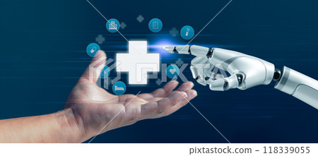 Robotic hand and human hand reaching towards each other, healthcare icons between them. Symbolizes AI assistance in medical care, innovative healthcare technology, and digital health services. Robotic hand and human hand reaching towards each other, healthcare icons between them. Symbolizes AI assistance in medical care, innovative healthcare technology, and digital health services. 118339055