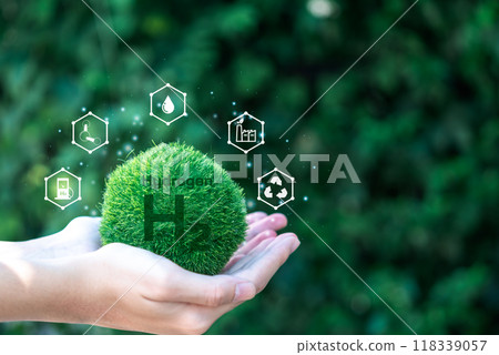 Hands holding green hydrogen hologram with eco-friendly icons. Highlights sustainable energy and innovation. Suitable for environmental campaigns, green tech, and renewable energy projects. Hands holding green hydrogen hologram with eco-friendly icons. Highlights sustainable energy and innovation. Suitable for environmental campaigns, green tech, and renewable energy projects. 118339057