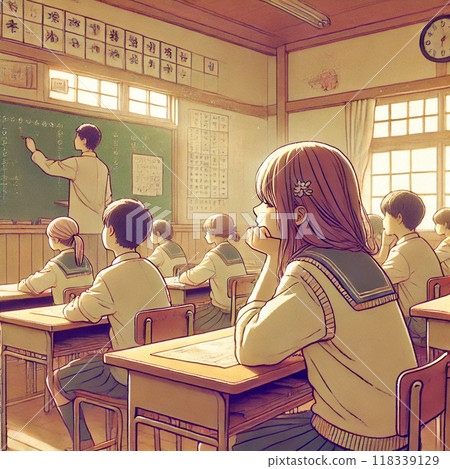 一個慵懶的女孩聽著無聊的課 118339129