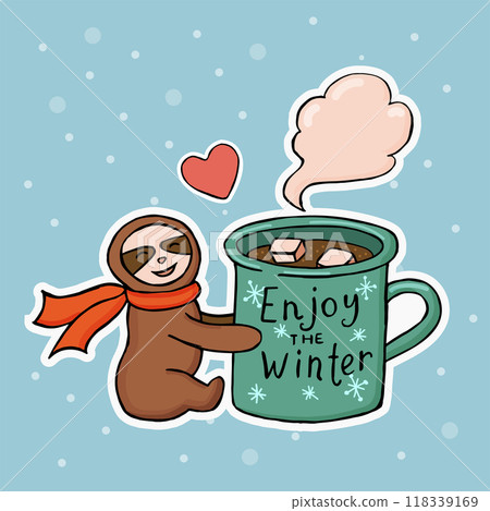 Sloth with big mug of cocoa drink and marshmallow. Vector. 118339169