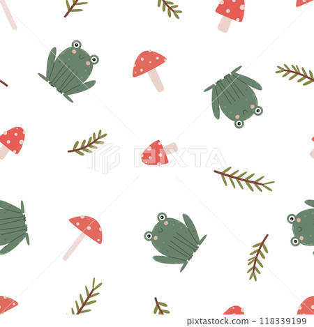 Seamless children s pattern with cute frogs and fly agarics on a white background. Seamless children s pattern with cute frogs and fly agarics on a white background. 118339199