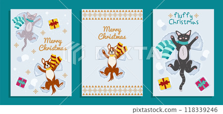 Merry Christmas. Set of vector greeting card templates with funny animals. Cute Cat and dog lie on the snow and make a snow angel. Merry Christmas. Set of vector greeting card templates with funny animals. Cute Cat and dog lie on the snow and make a snow angel. 118339246
