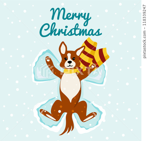 Merry Christmas. Vector greeting card template with funny pet. Cute dog snow plays and make a snow angel. 118339247