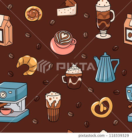 Coffee shop and bakery cute brown seamless pattern. Vector editable background. Print for packaging, fabric. Coffee shop and bakery cute brown seamless pattern. Vector editable background. Print for packaging, fabric. 118339329